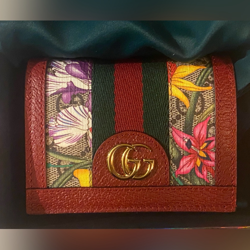 GUCCI Ophidia GG Web Flora Card Case Wallet -Red Leather -NEW